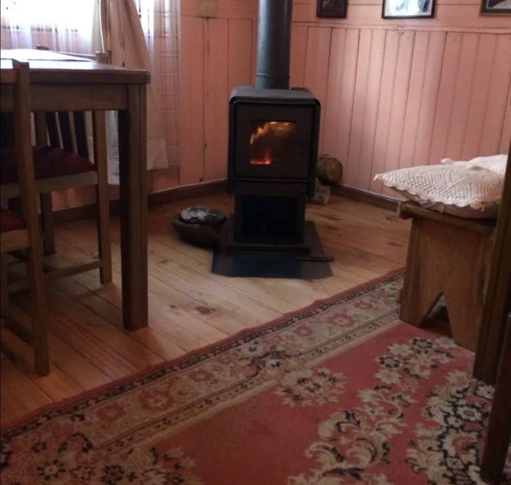 Estufa a leña encendida en el living de la casa